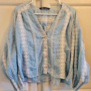 Zara Light Blue Blouse with White Embroidery